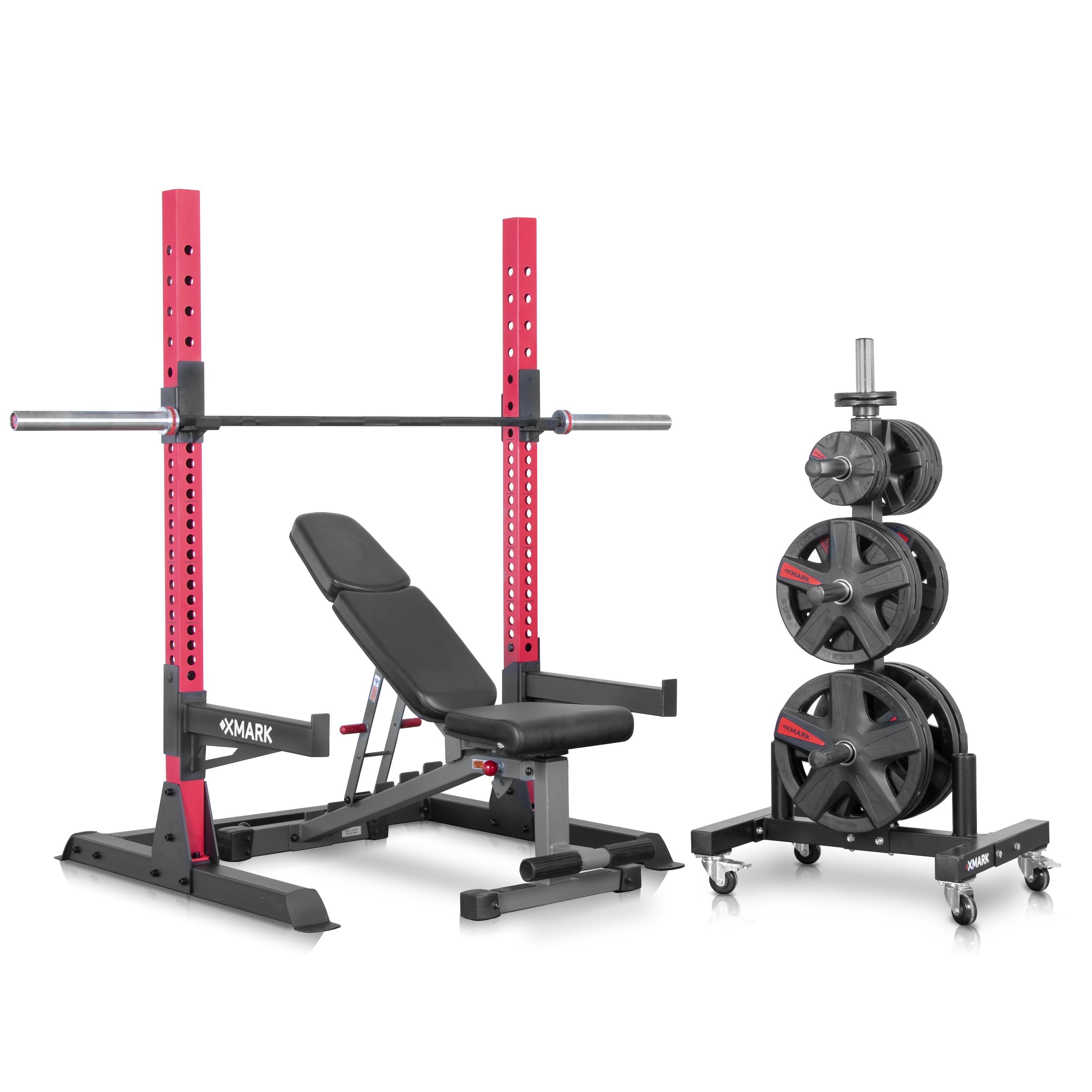 Paquete de gimnasio en casa con rack para sentadillas, banco y pesas