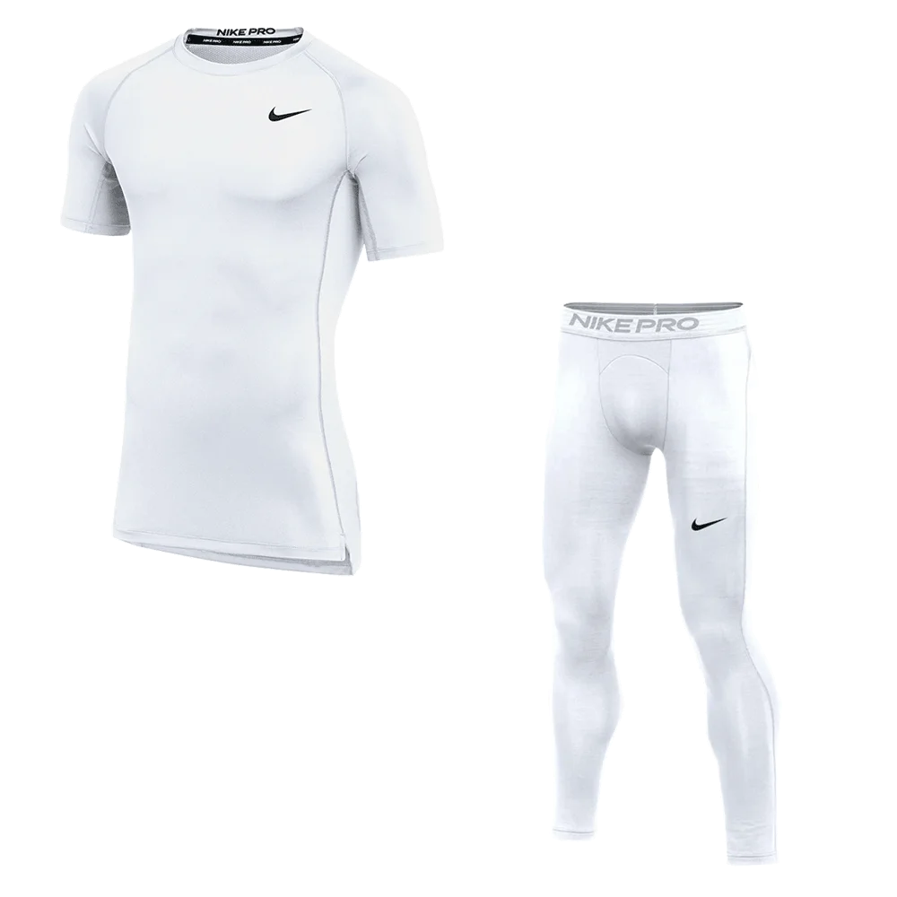 Nike Men's Pro Set - SS Tight Training Top and Training Tight White color