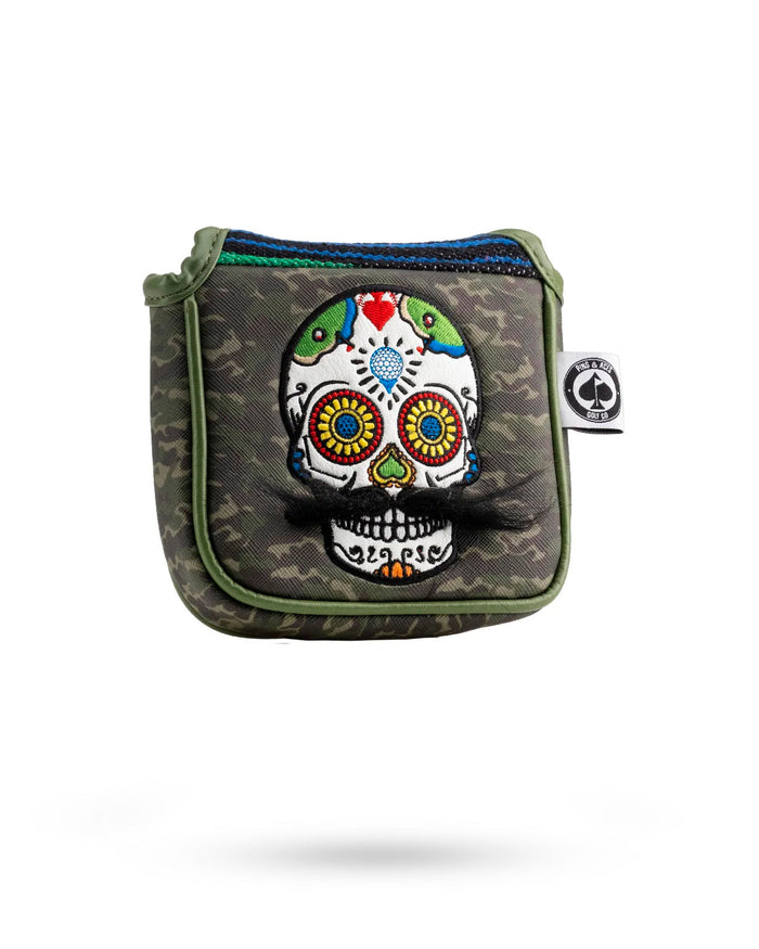 Funda para putter tipo mazo con diseño de calavera de azúcar y bigote, camuflaje verde