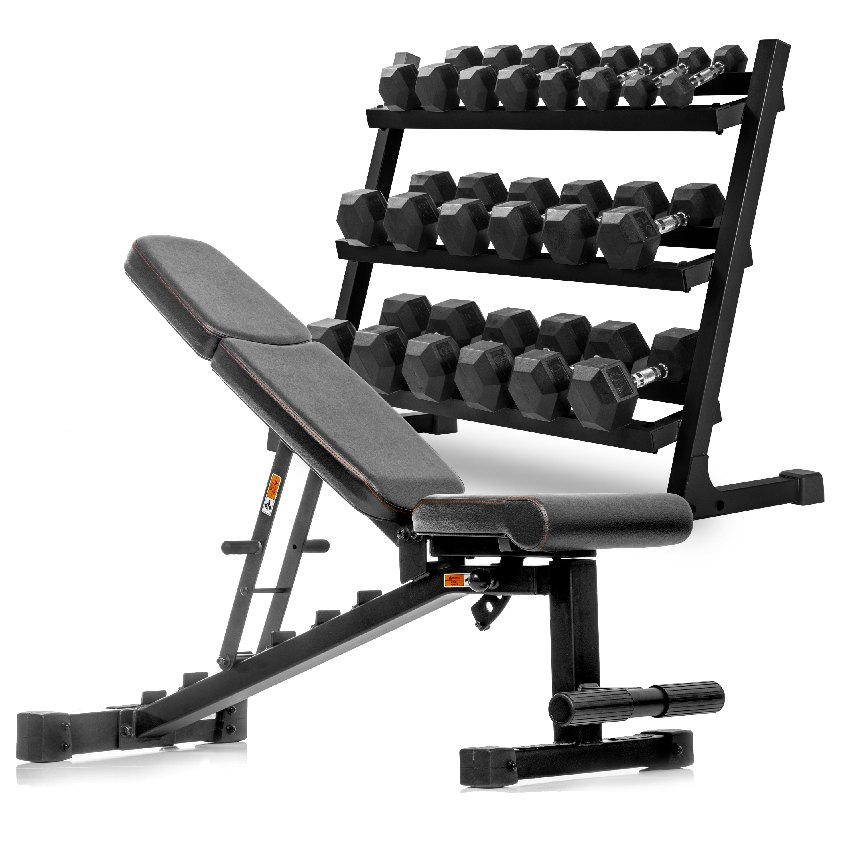 5-50 lb Hex Dumbbell Set with Rack and Weight Bench