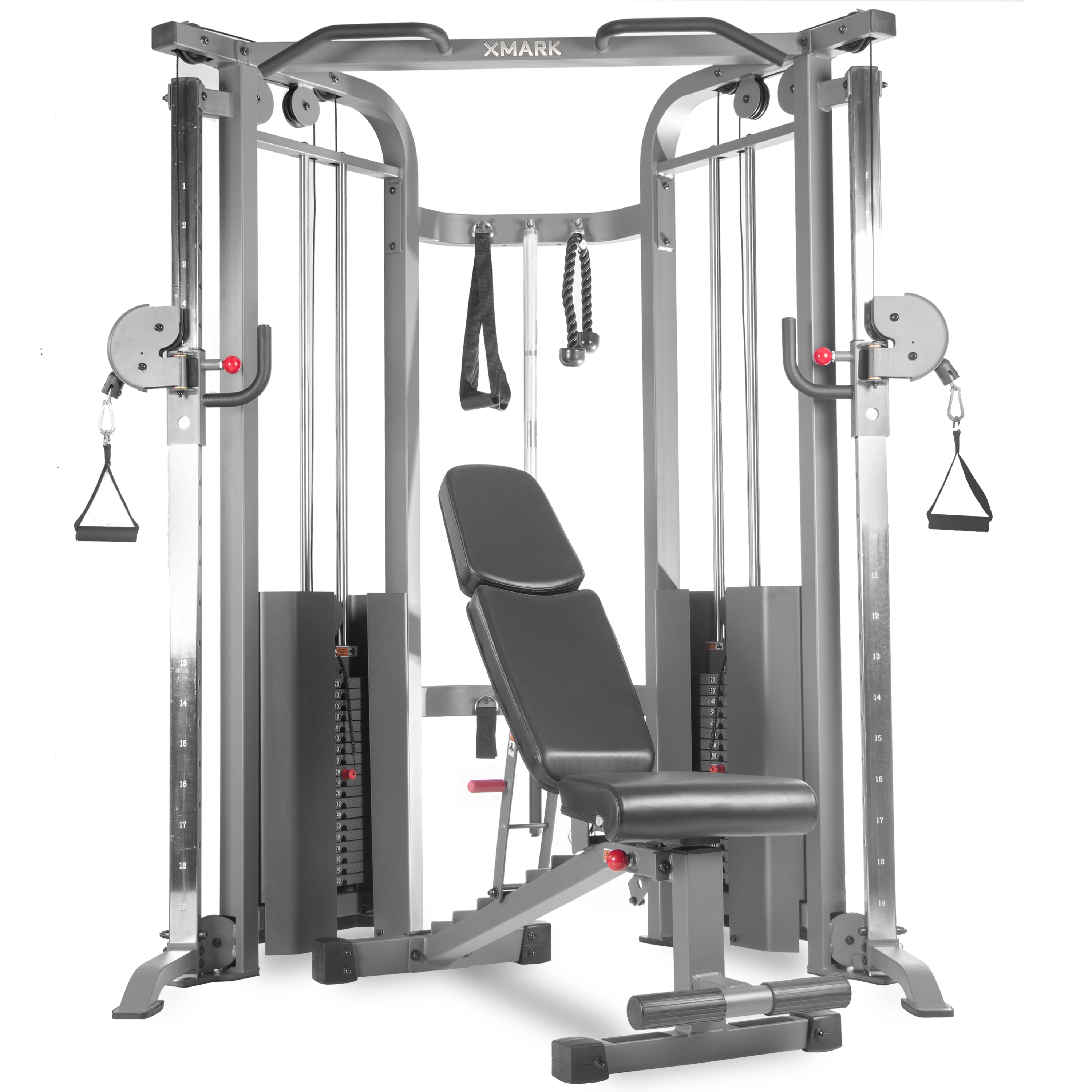Functional Trainer Cable Machine with 200 lb Weight Stacks and Adjustable Weight Bench