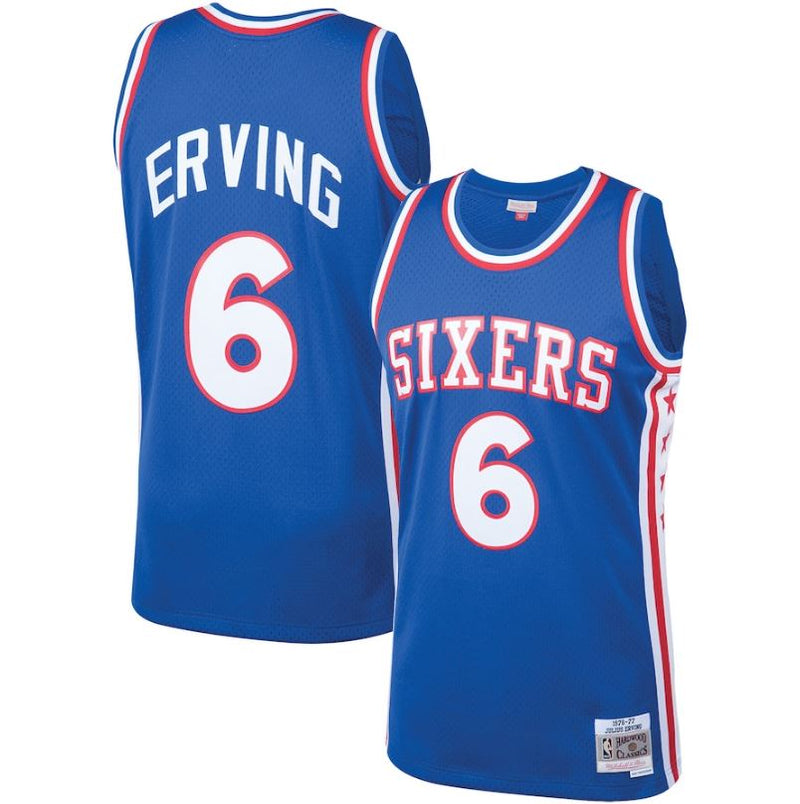 Camiseta Swingman azul real de Julius Erving de los Philadelphia 76ers, edición 1976-77, de Mitchell & Ness Hardwood Classics.