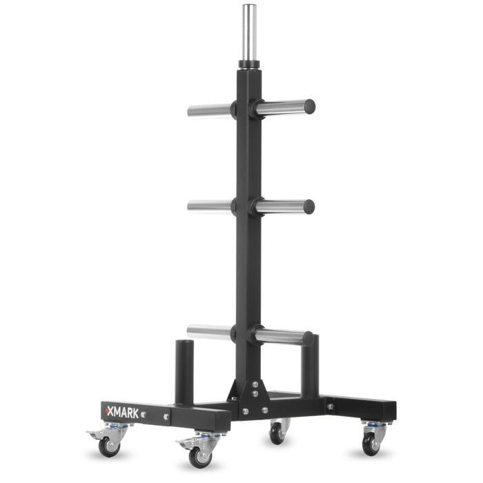 Soporte comercial para discos olímpicos sobre ruedas con soportes dobles para barras.