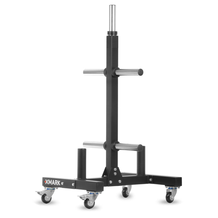 Soporte comercial para discos de pesas sobre ruedas con soportes dobles para barras