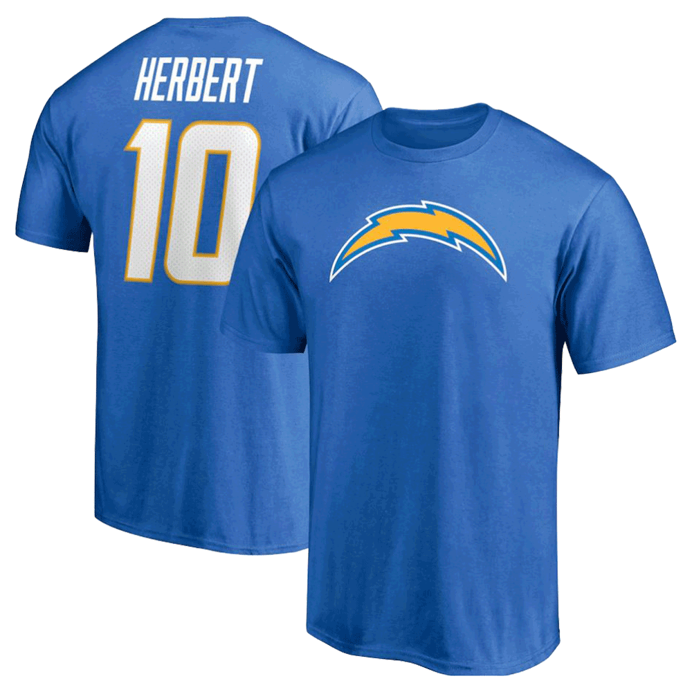 Justin Herbert Los Angeles Chargers Player Icon Name & Number T-Shirt - Powder Blue