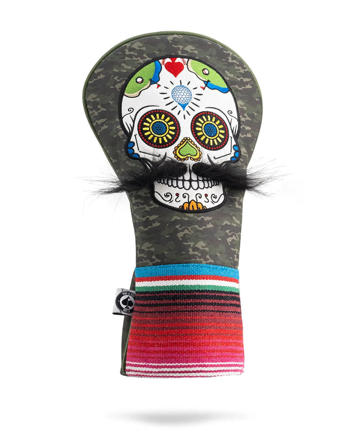 Funda de conductor con diseño de calavera de azúcar y bigote, camuflaje verde
