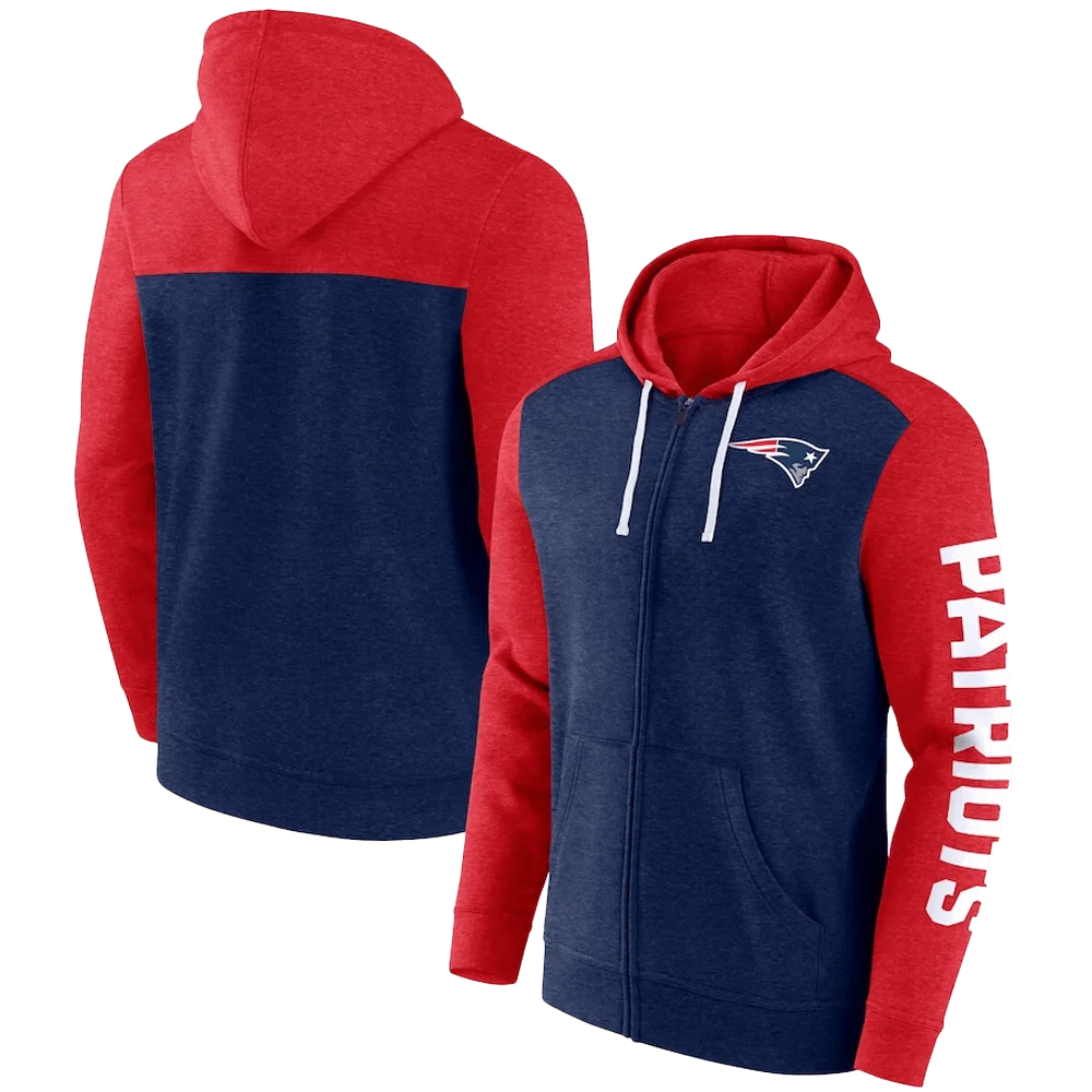 Sudadera con capucha y cremallera completa New England Patriots Heather Navy Blue Down and Distance 