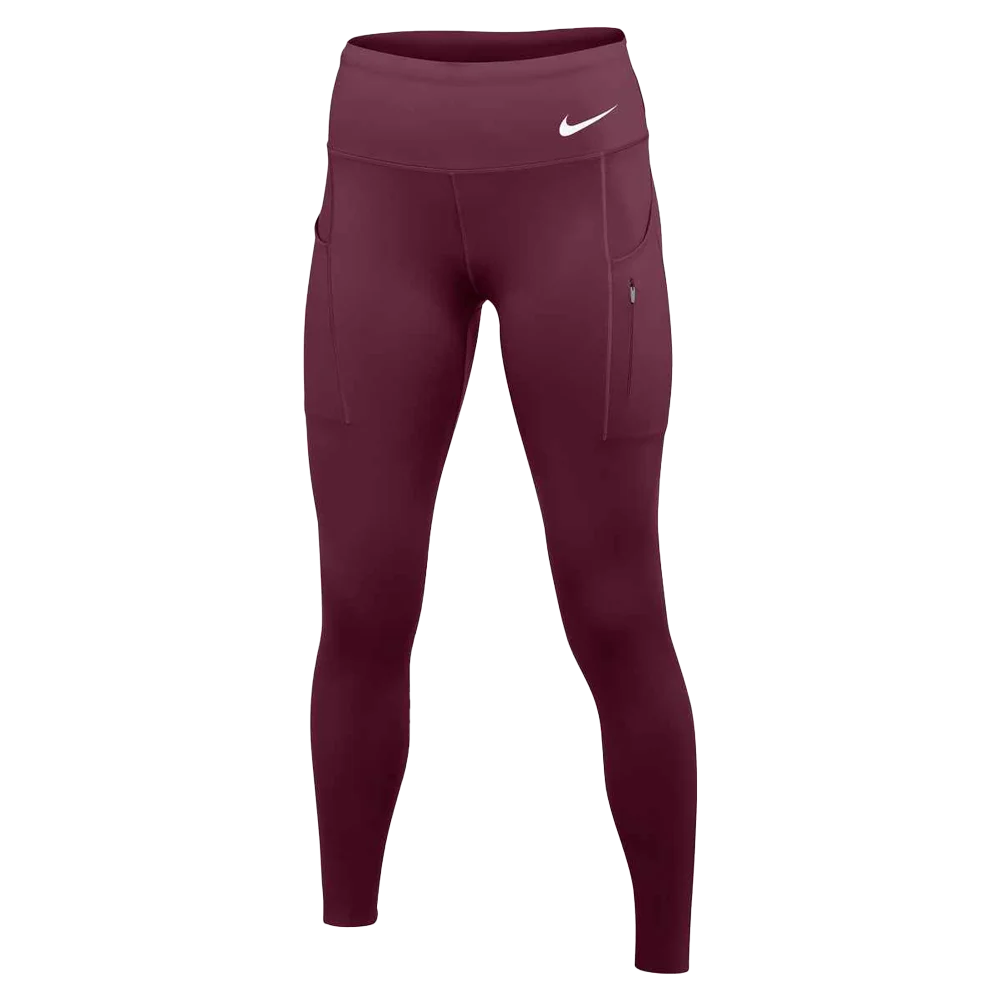 Nike Women's Therma-Fit Go Mid-Rise 78 Tights (Stock) Maroon color.