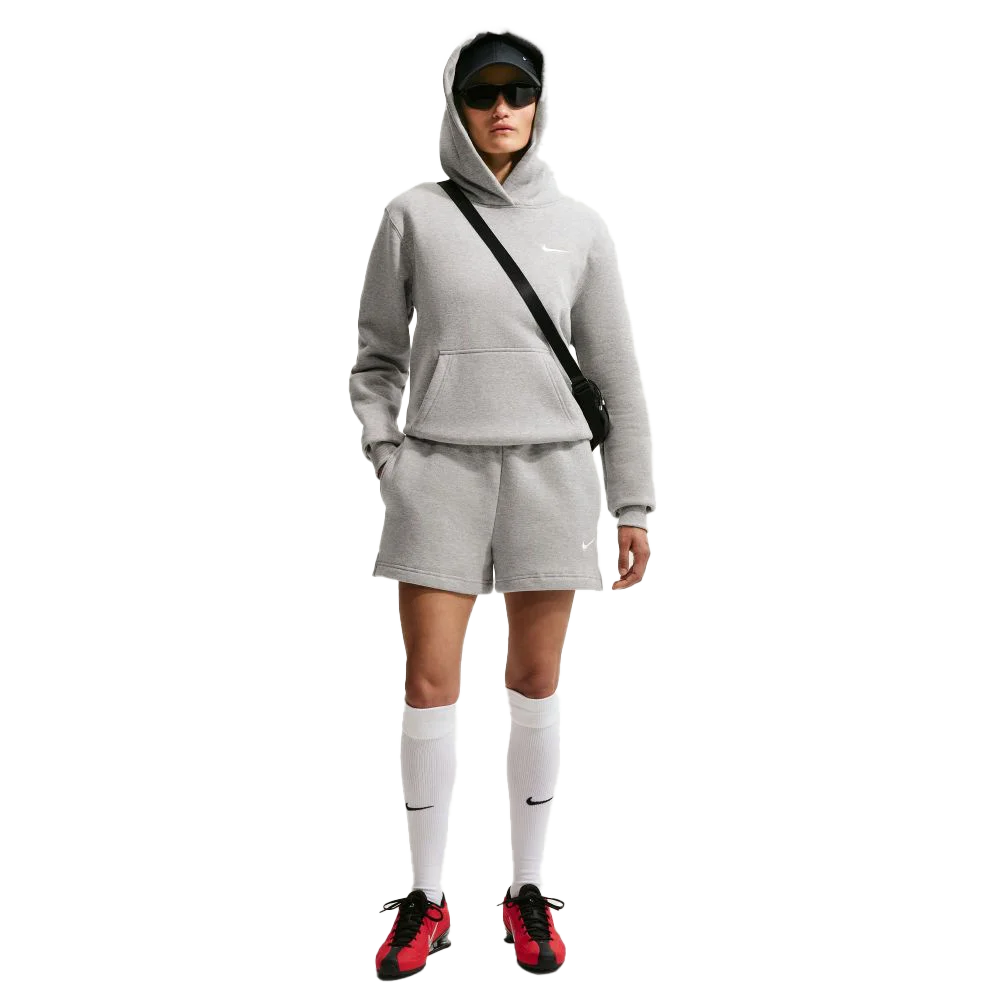 Nike Women's Studio Fleece Medium Weight Mid-Rise Shorts Grey Color.