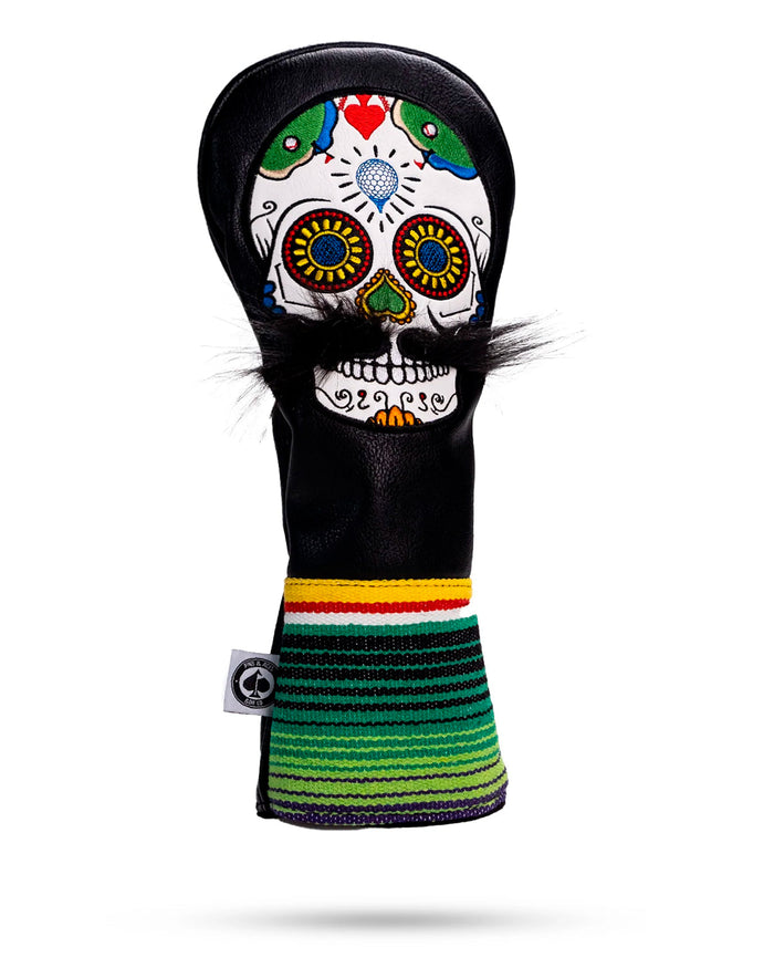 Funda de conductor negra con diseño de calavera de azúcar con bigote