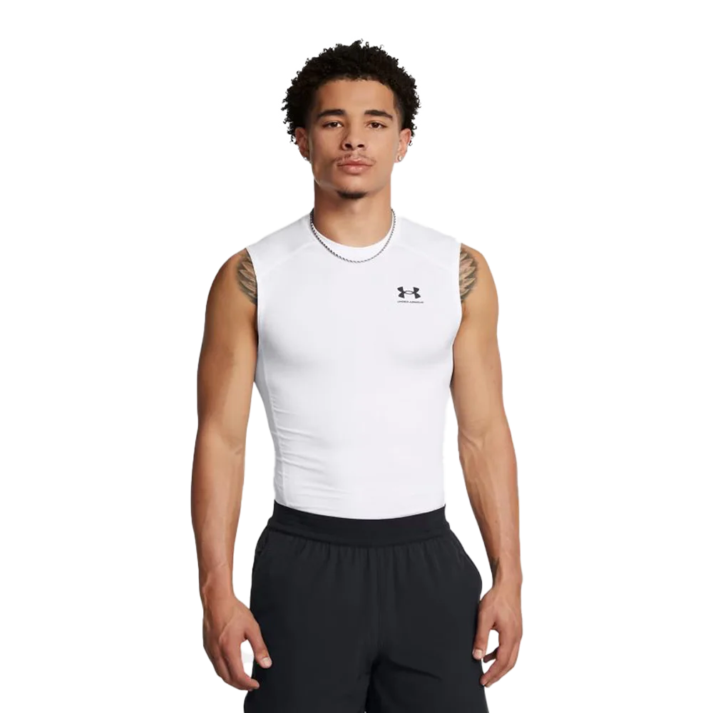 UA Men's HeatGear Compression Sleeveless White Color.